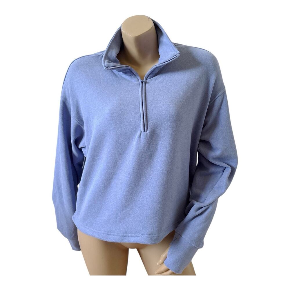 Velocity Fleece Pullover Womens L Blue Cropped Half Zip Thumbhole Drawstring Hem